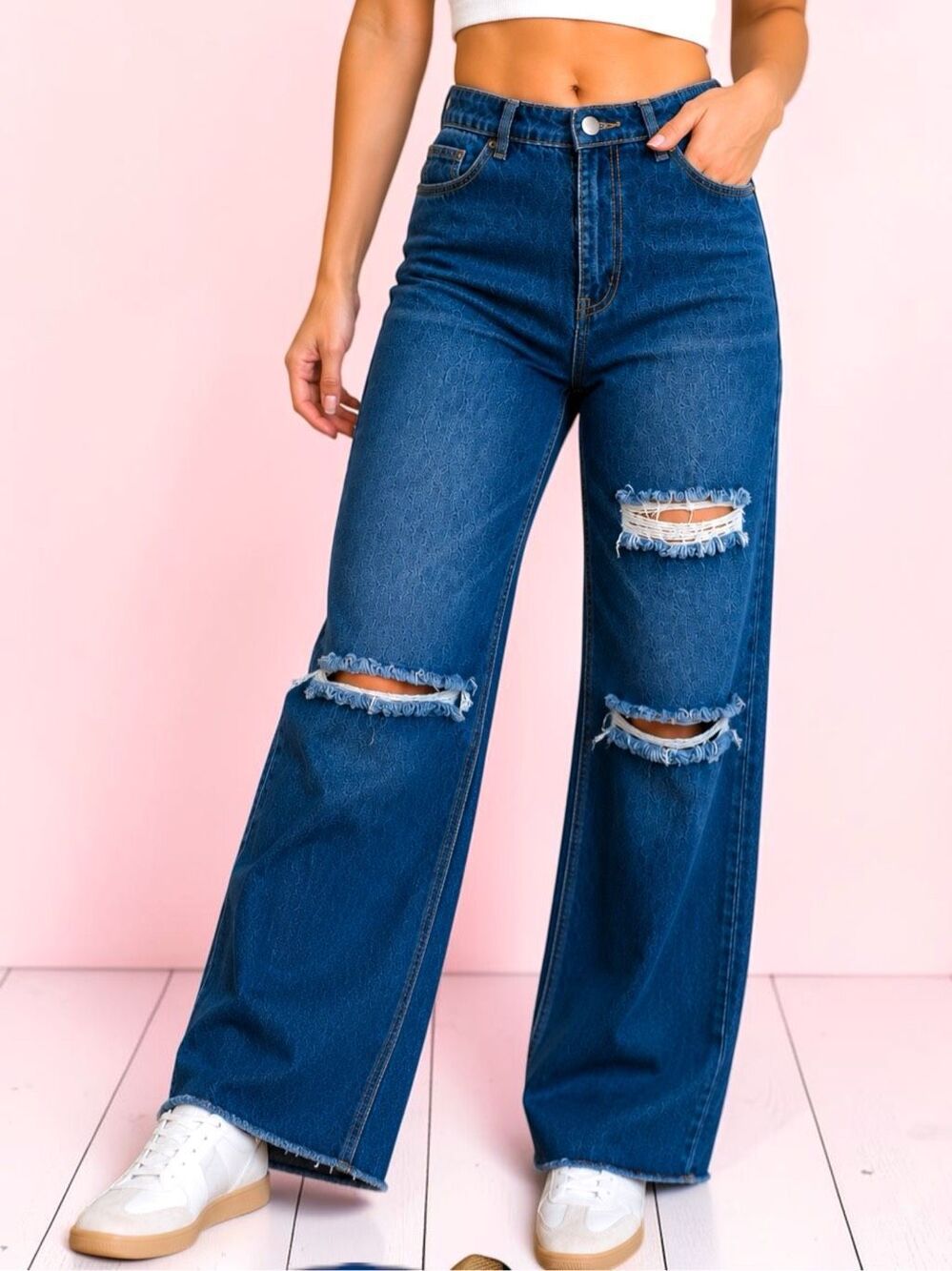 American Bazi High Rise Distressed Wide Leg Jeans Raw Hem Dark Medium Wash 13/31